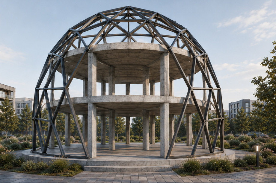 GEODOMAS stiklinio biurų campus statybos etapas su geodeziniu karkasu